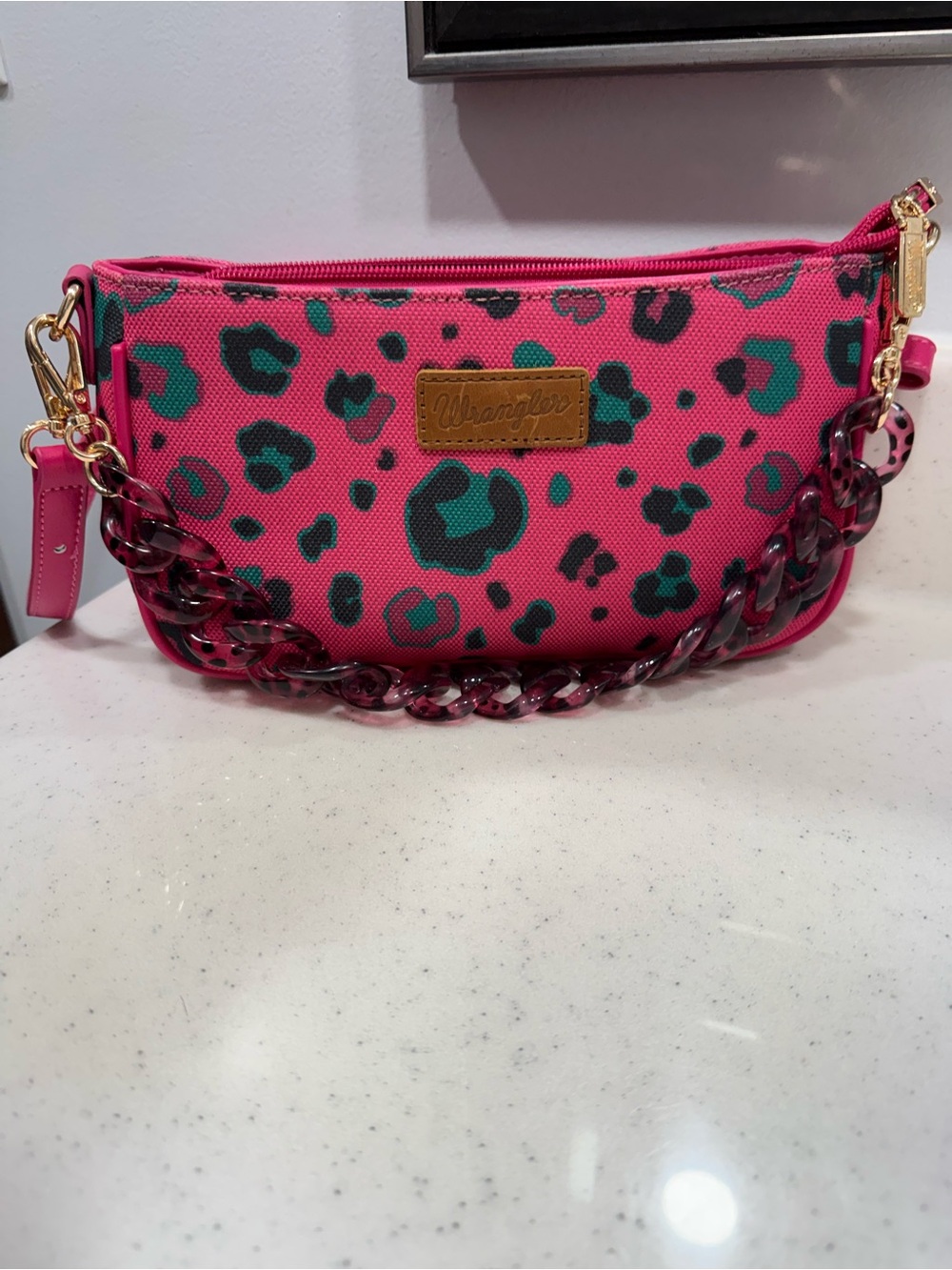 Wrangler Hot Pink & Teal Leopard Print Mini Wristlet with Chain